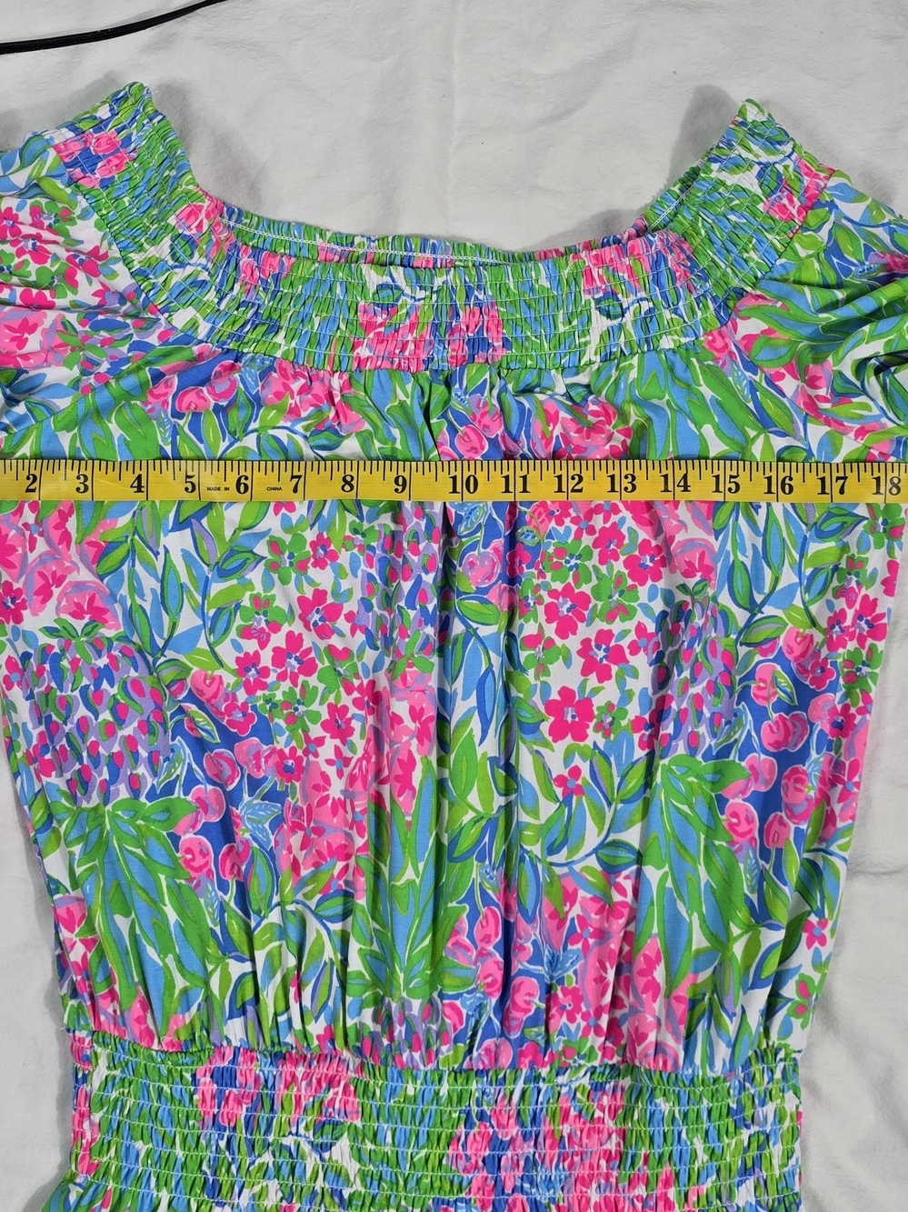 Lilly Pulitzer Off-Shoulder Floral Dress in Pink, Blue & Green - Picture 9 of 12